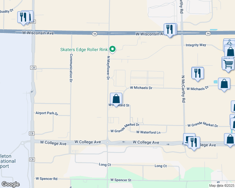 map of restaurants, bars, coffee shops, grocery stores, and more near 5734 Packard Street in Appleton