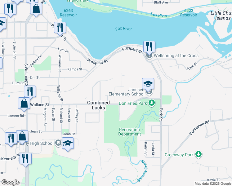 map of restaurants, bars, coffee shops, grocery stores, and more near 332 Wallace Street in Combined Locks