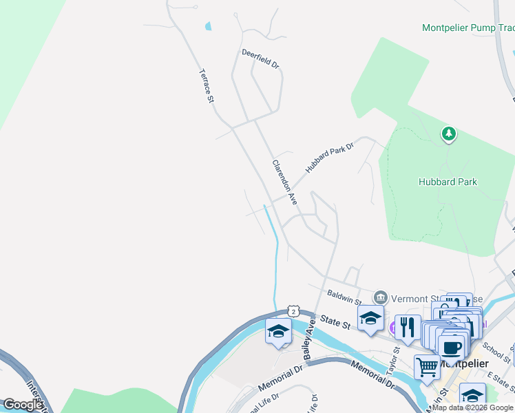 map of restaurants, bars, coffee shops, grocery stores, and more near 9 Pinewood Road in Montpelier