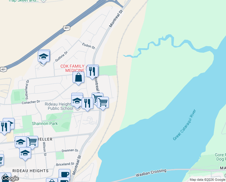 map of restaurants, bars, coffee shops, grocery stores, and more near 17 Shaw Street in Kingston