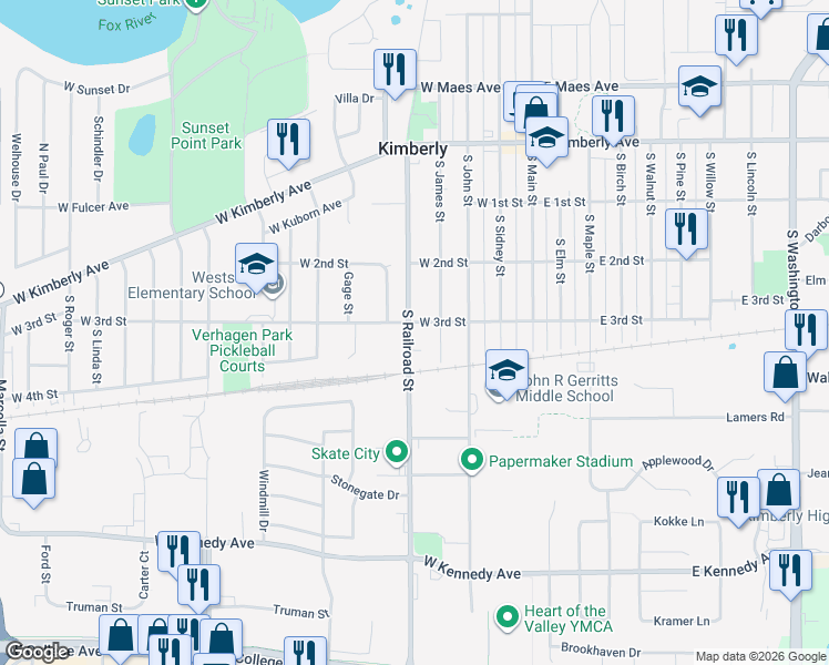 map of restaurants, bars, coffee shops, grocery stores, and more near 439 South Railroad Street in Kimberly