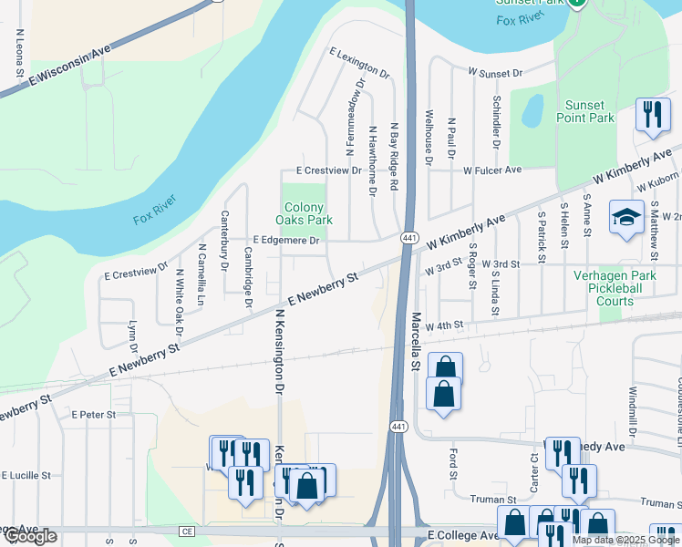 map of restaurants, bars, coffee shops, grocery stores, and more near W3393 East Newberry Street in Appleton