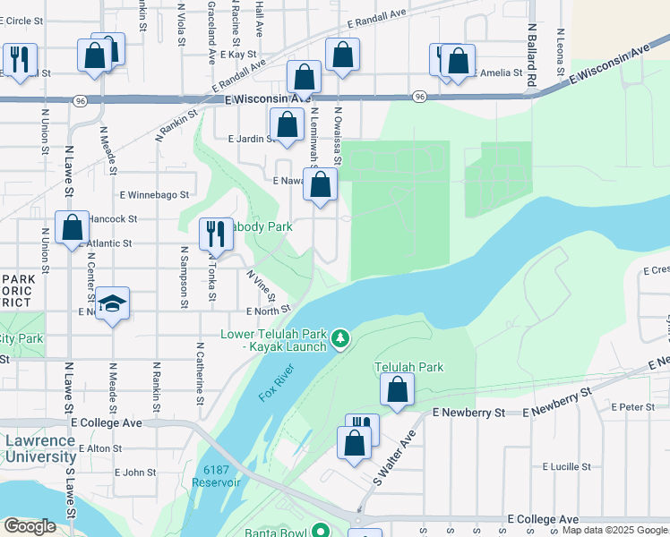 map of restaurants, bars, coffee shops, grocery stores, and more near 10 Green Bay Court in Appleton
