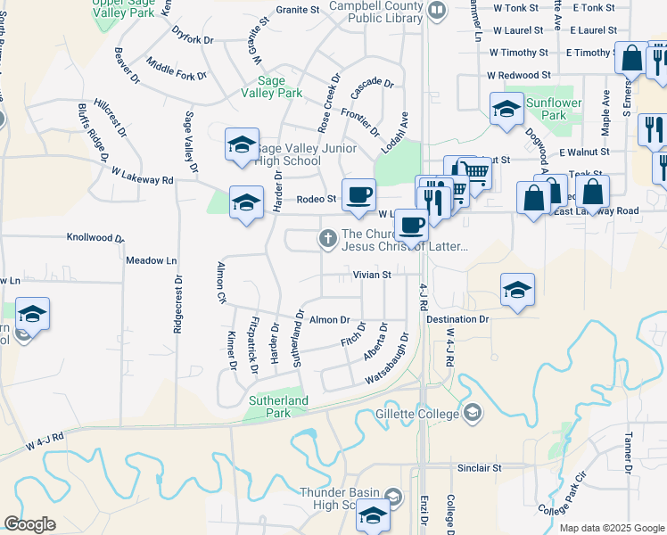 map of restaurants, bars, coffee shops, grocery stores, and more near 710 Vivian Street in Gillette