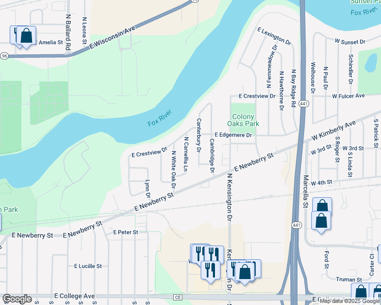 map of restaurants, bars, coffee shops, grocery stores, and more near 534 North Camellia Lane in Appleton