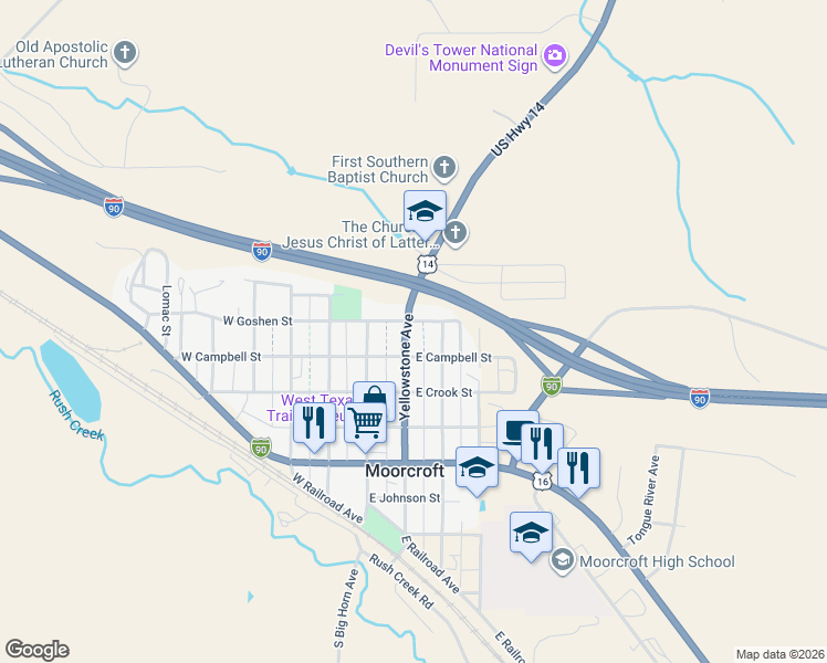 map of restaurants, bars, coffee shops, grocery stores, and more near 102-104 E Campbell St in Moorcroft