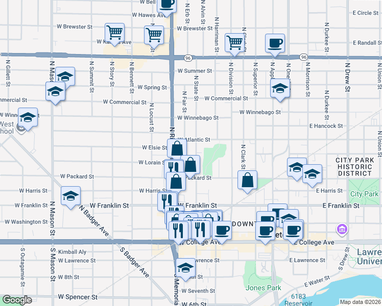 map of restaurants, bars, coffee shops, grocery stores, and more near 551 1/2 North State Street in Appleton