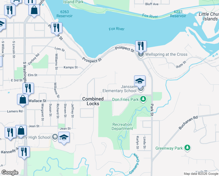 map of restaurants, bars, coffee shops, grocery stores, and more near 332 Wallace Street in Combined Locks