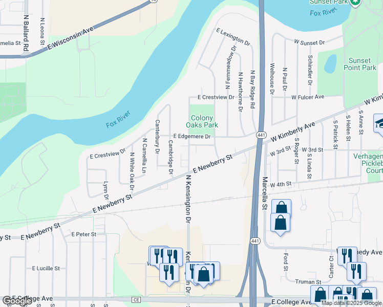 map of restaurants, bars, coffee shops, grocery stores, and more near 3411 East Newberry Street in Appleton