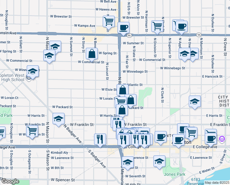map of restaurants, bars, coffee shops, grocery stores, and more near 525 North Richmond Street in Appleton