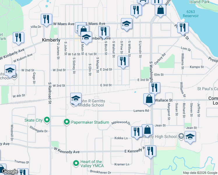 map of restaurants, bars, coffee shops, grocery stores, and more near 415 South Birch Street in Kimberly