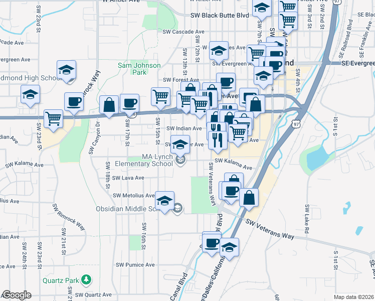map of restaurants, bars, coffee shops, grocery stores, and more near 1314 Southwest Kalama Avenue in Redmond
