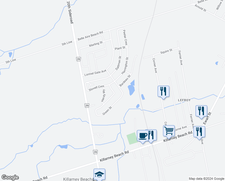 map of restaurants, bars, coffee shops, grocery stores, and more near Green Street in Innisfil
