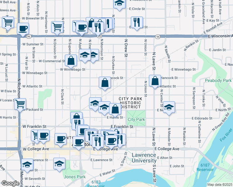 map of restaurants, bars, coffee shops, grocery stores, and more near 308 East Pacific Street in Appleton