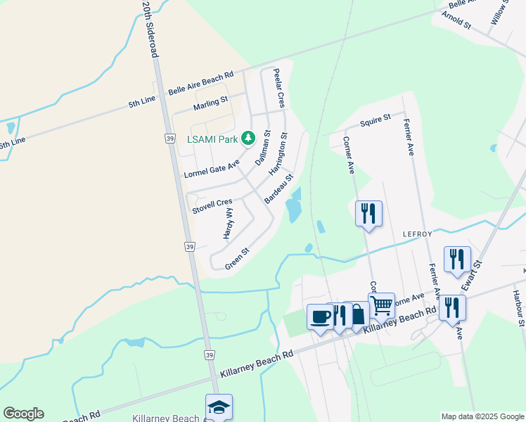 map of restaurants, bars, coffee shops, grocery stores, and more near 1383 Harrington Street in Innisfil