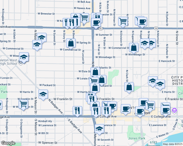 map of restaurants, bars, coffee shops, grocery stores, and more near 625 North Richmond Street in Appleton