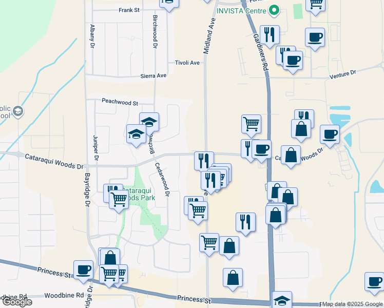 map of restaurants, bars, coffee shops, grocery stores, and more near Cataraqui Woods Drive in Kingston
