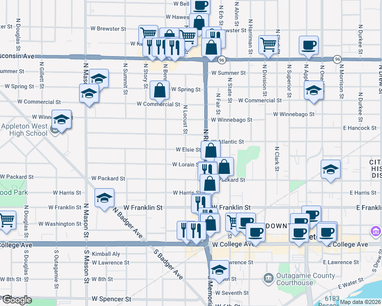 map of restaurants, bars, coffee shops, grocery stores, and more near 803 West Oklahoma Street in Appleton