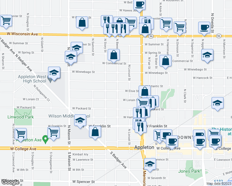 map of restaurants, bars, coffee shops, grocery stores, and more near 903 West Elsie Street in Appleton