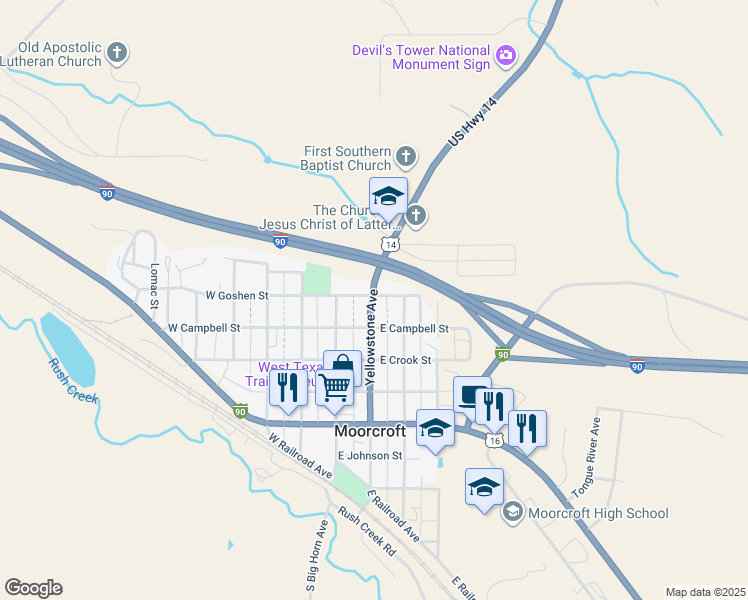 map of restaurants, bars, coffee shops, grocery stores, and more near 123-199 North Yellowstone Avenue in Moorcroft