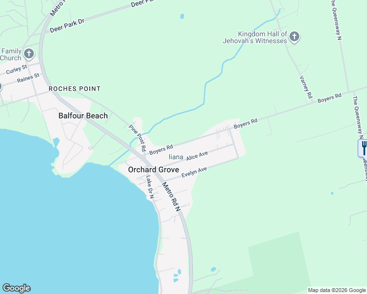 map of restaurants, bars, coffee shops, grocery stores, and more near 255 Boyer's Sideroad in Georgina