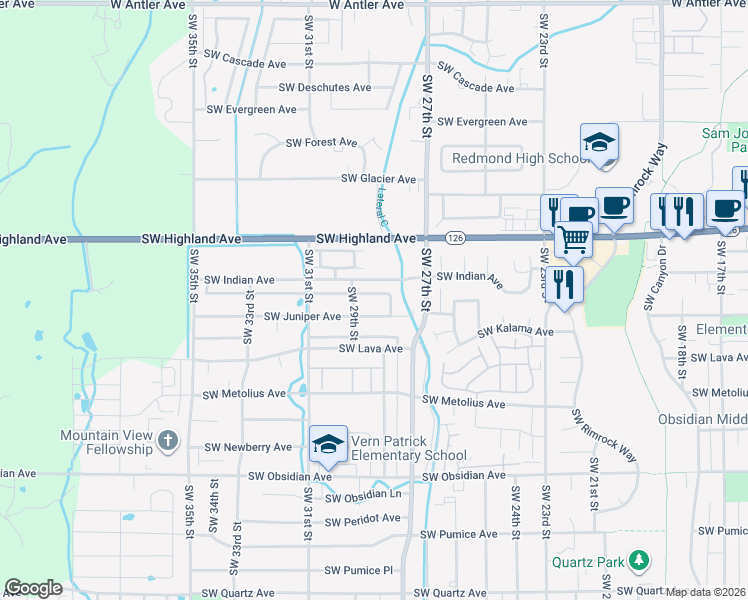 map of restaurants, bars, coffee shops, grocery stores, and more near 2855 Southwest Indian Avenue in Redmond