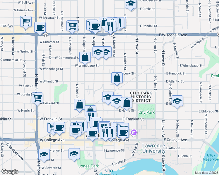 map of restaurants, bars, coffee shops, grocery stores, and more near 109 East Atlantic Street in Appleton