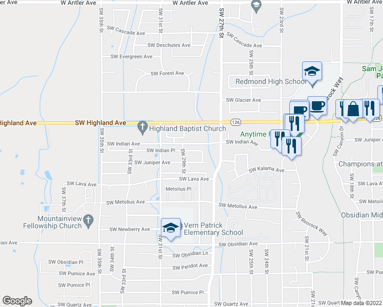 map of restaurants, bars, coffee shops, grocery stores, and more near 2866 Southwest Indian Place in Redmond