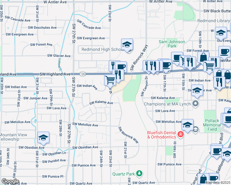 map of restaurants, bars, coffee shops, grocery stores, and more near 915 Southwest Rimrock Way in Redmond