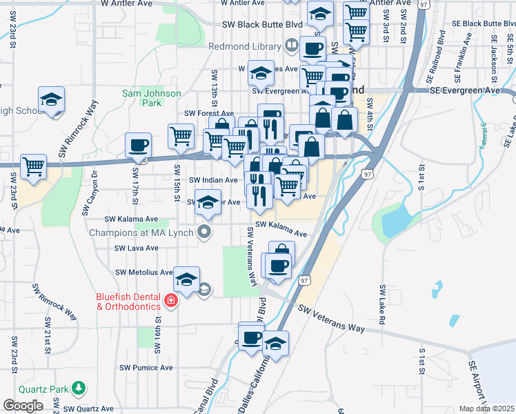 map of restaurants, bars, coffee shops, grocery stores, and more near 1008 Southwest Indian Avenue in Redmond