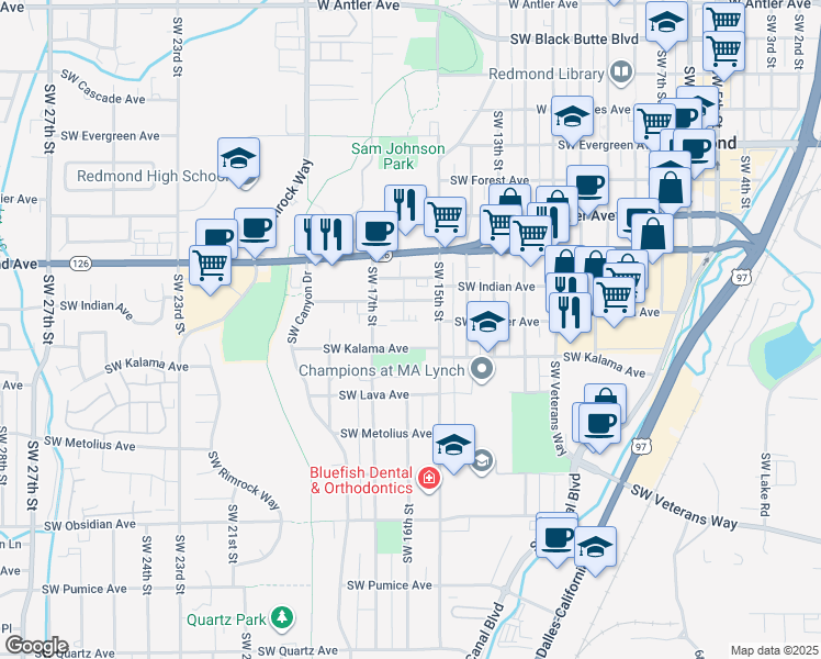 map of restaurants, bars, coffee shops, grocery stores, and more near 1532 Southwest Juniper Avenue in Redmond