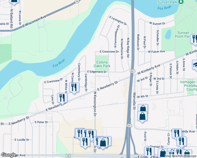 map of restaurants, bars, coffee shops, grocery stores, and more near 3217 East Edgemere Drive in Appleton