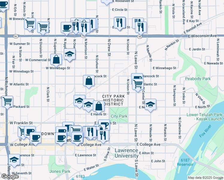 map of restaurants, bars, coffee shops, grocery stores, and more near in Appleton