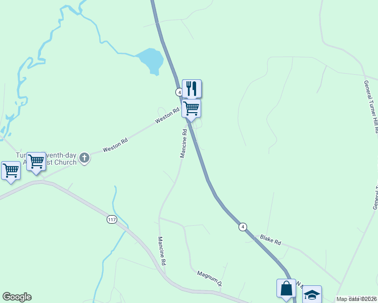 map of restaurants, bars, coffee shops, grocery stores, and more near 127 Mancine Road in Turner
