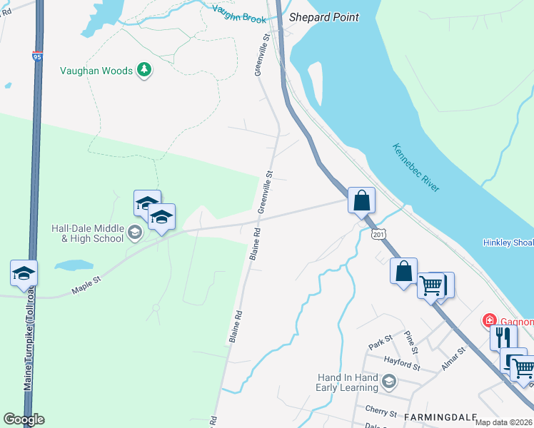 map of restaurants, bars, coffee shops, grocery stores, and more near 21 Maple Street in Hallowell