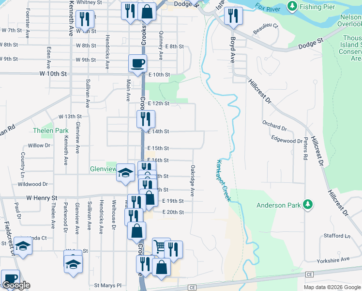map of restaurants, bars, coffee shops, grocery stores, and more near 400 East 15th Street in Kaukauna