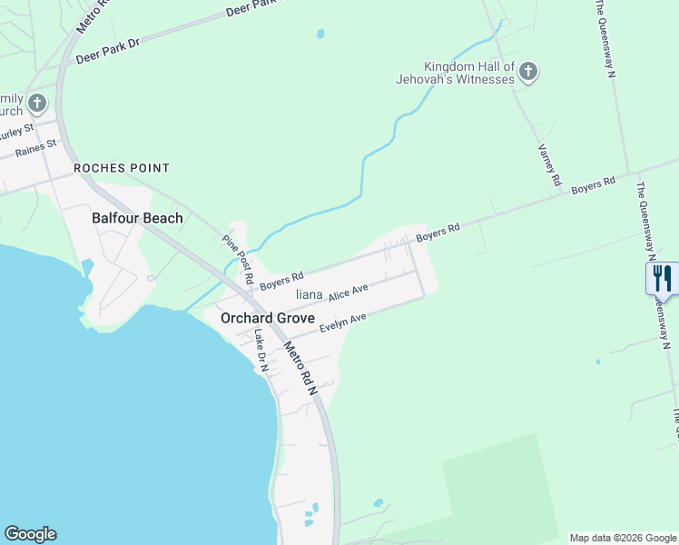map of restaurants, bars, coffee shops, grocery stores, and more near 255 Boyer's Sideroad in Georgina