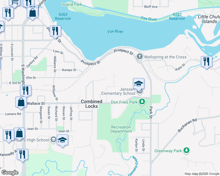 map of restaurants, bars, coffee shops, grocery stores, and more near 410 Wallace Street in Combined Locks