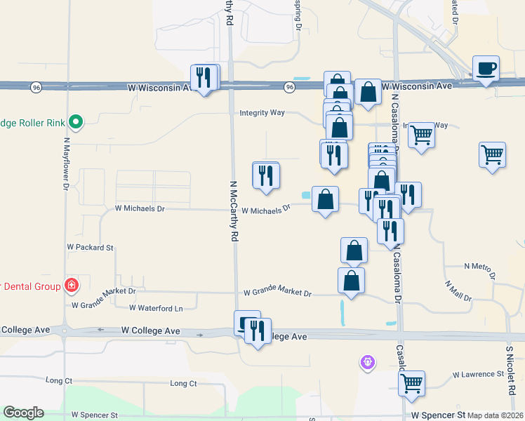 map of restaurants, bars, coffee shops, grocery stores, and more near 5120 West Michaels Drive in Appleton