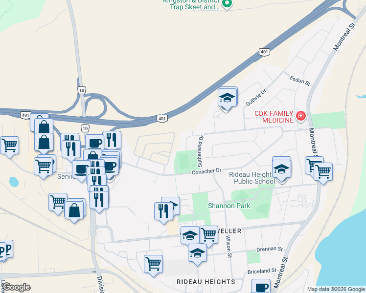 map of restaurants, bars, coffee shops, grocery stores, and more near in Kingston