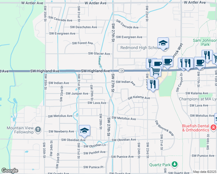map of restaurants, bars, coffee shops, grocery stores, and more near 2750 Southwest Indian Avenue in Redmond