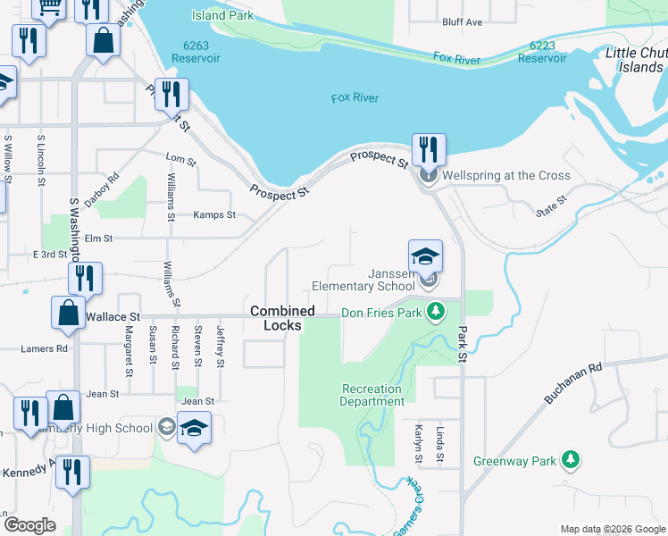 map of restaurants, bars, coffee shops, grocery stores, and more near 345 Prospect Street in Combined Locks