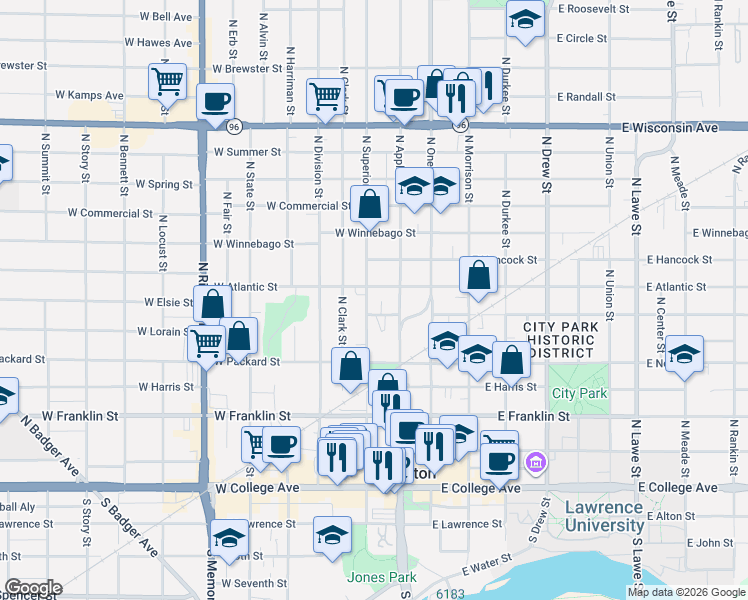 map of restaurants, bars, coffee shops, grocery stores, and more near 622 North Superior Street in Appleton
