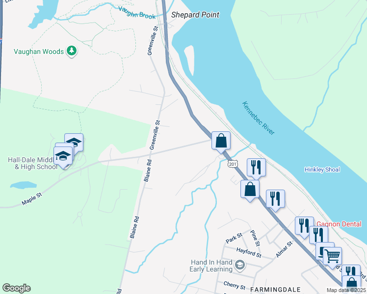 map of restaurants, bars, coffee shops, grocery stores, and more near 15 Maple Street in Hallowell