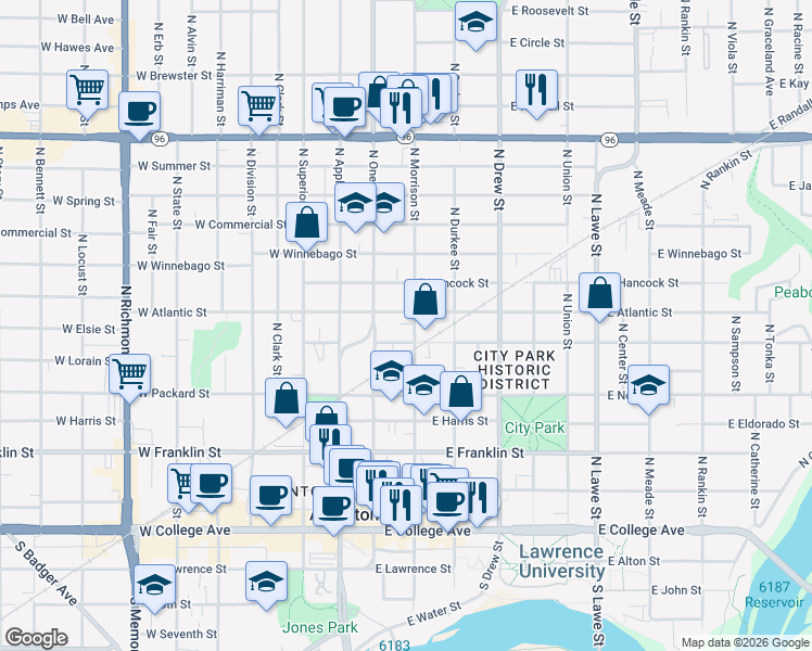 map of restaurants, bars, coffee shops, grocery stores, and more near 702 North Morrison Street in Appleton