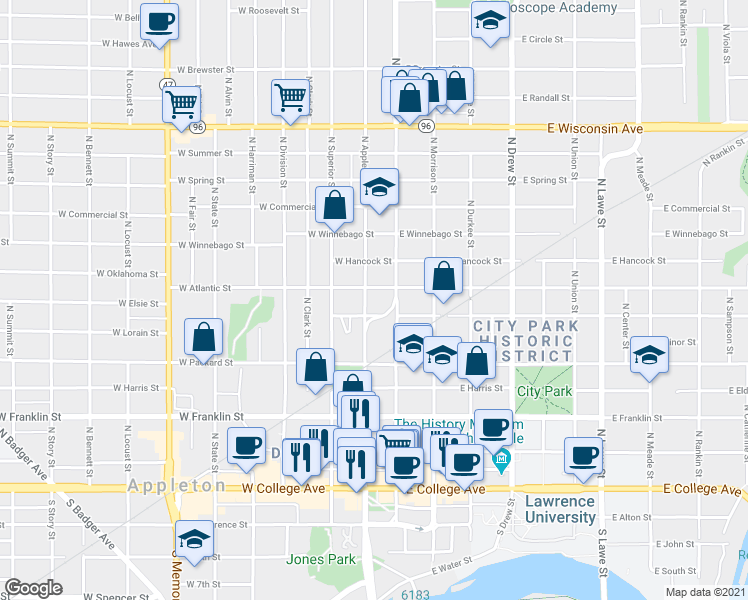 map of restaurants, bars, coffee shops, grocery stores, and more near 124 West Atlantic Street in Appleton