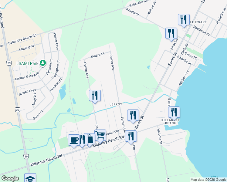 map of restaurants, bars, coffee shops, grocery stores, and more near 1012 Ferrier Avenue in Innisfil