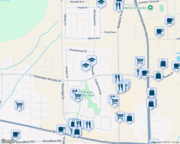 map of restaurants, bars, coffee shops, grocery stores, and more near 1255 Birchwood Drive in Kingston