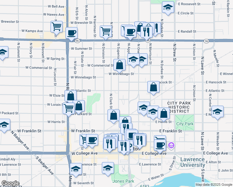 map of restaurants, bars, coffee shops, grocery stores, and more near 622 North Superior Street in Appleton