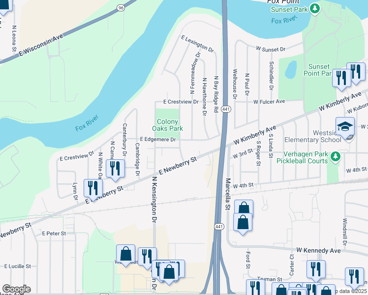map of restaurants, bars, coffee shops, grocery stores, and more near 610 North Briarcliff Drive in Appleton